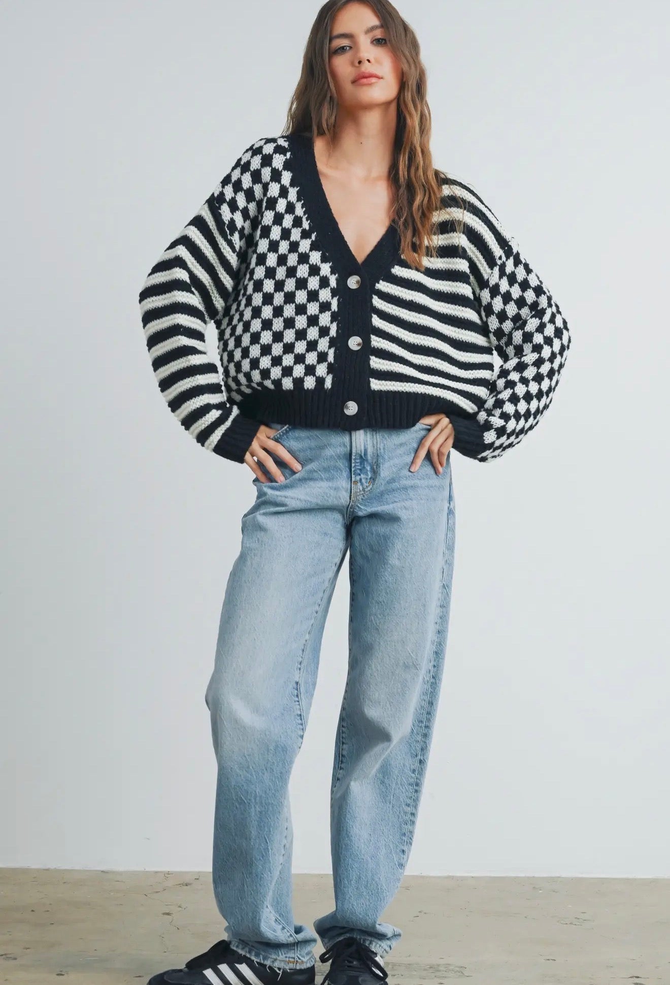Oversized Button Down Checkered Stripe Cardigan