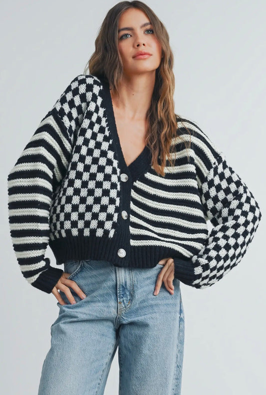 Oversized Button Down Checkered Stripe Cardigan