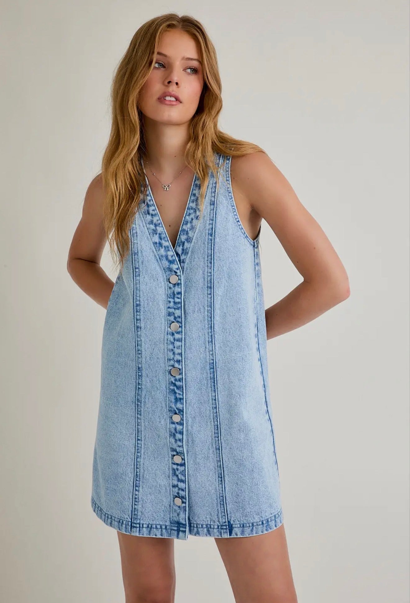 Sleeveless V-Neck Button Down Denim Mini Dress