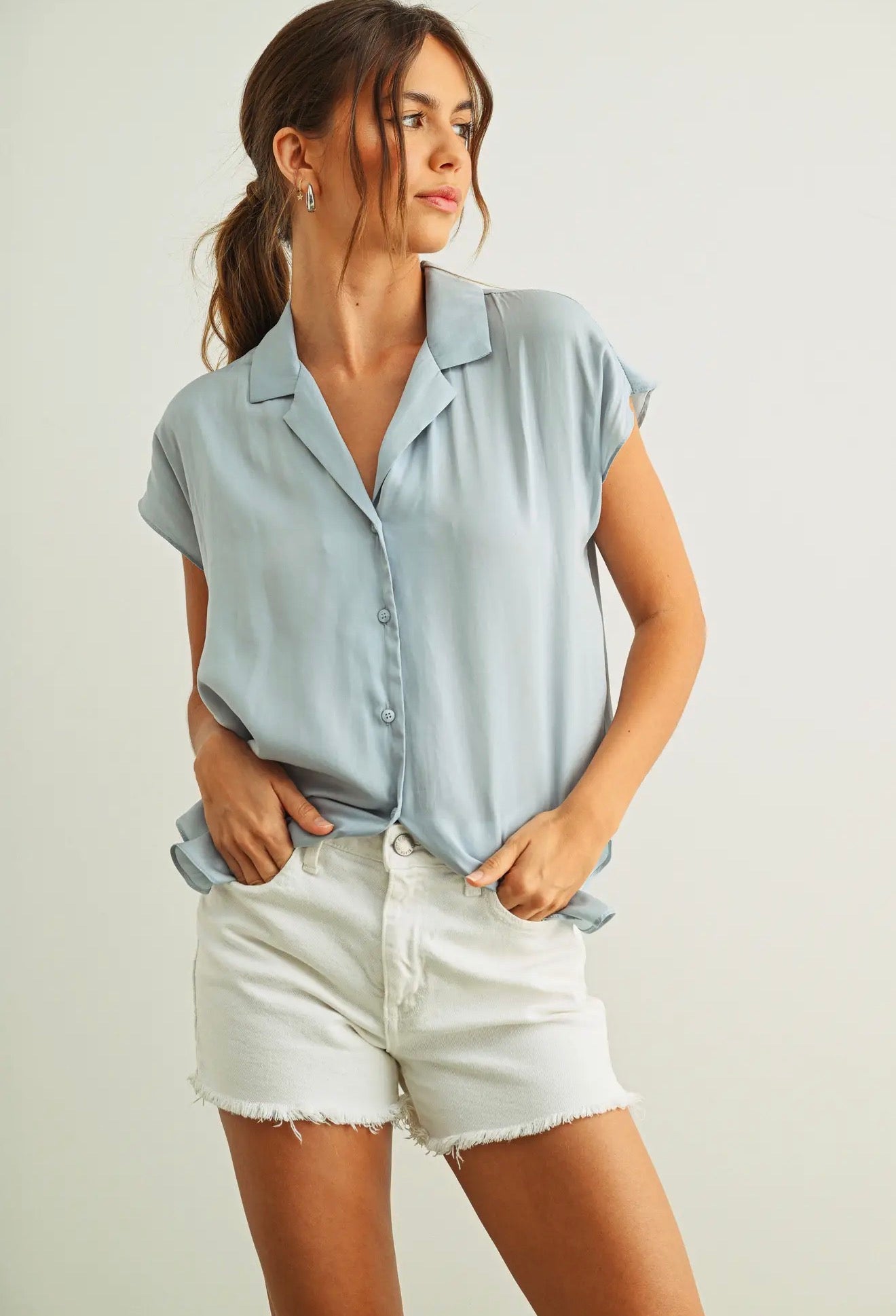 Button Down Cap Sleeve Shirt