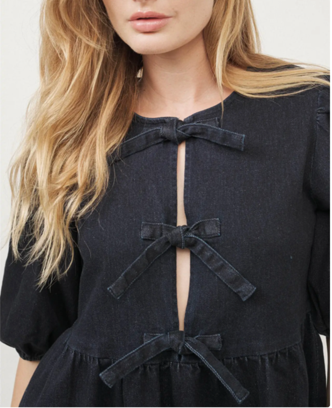 Babydoll Ribbon Tie Denim Mini Dress
