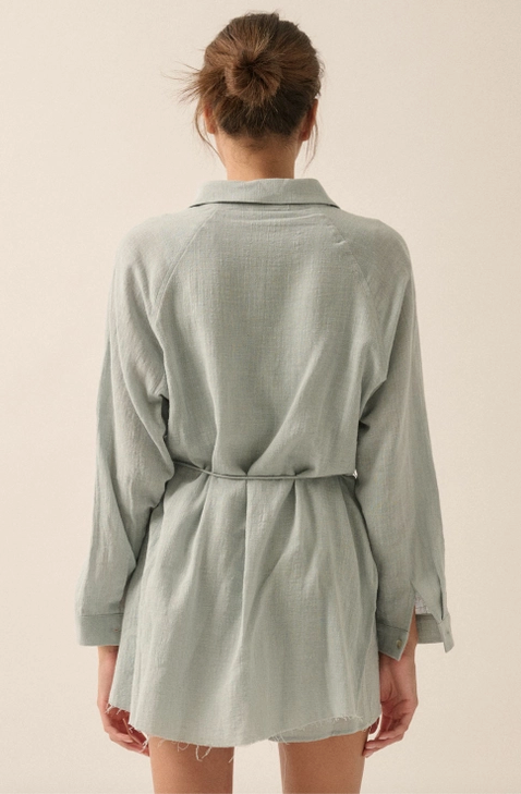 Crinkle Cotton Belted Button-Front Shirt Romper