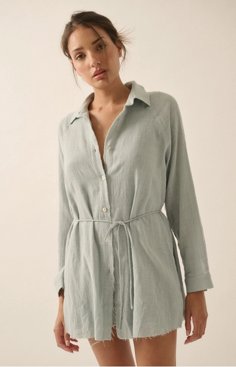Crinkle Cotton Belted Button-Front Shirt Romper