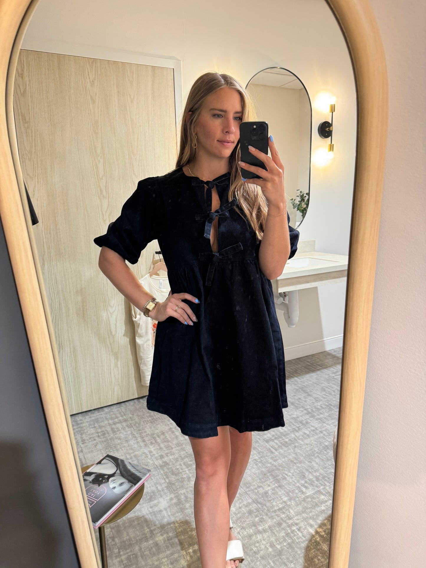 Babydoll Ribbon Tie Denim Mini Dress