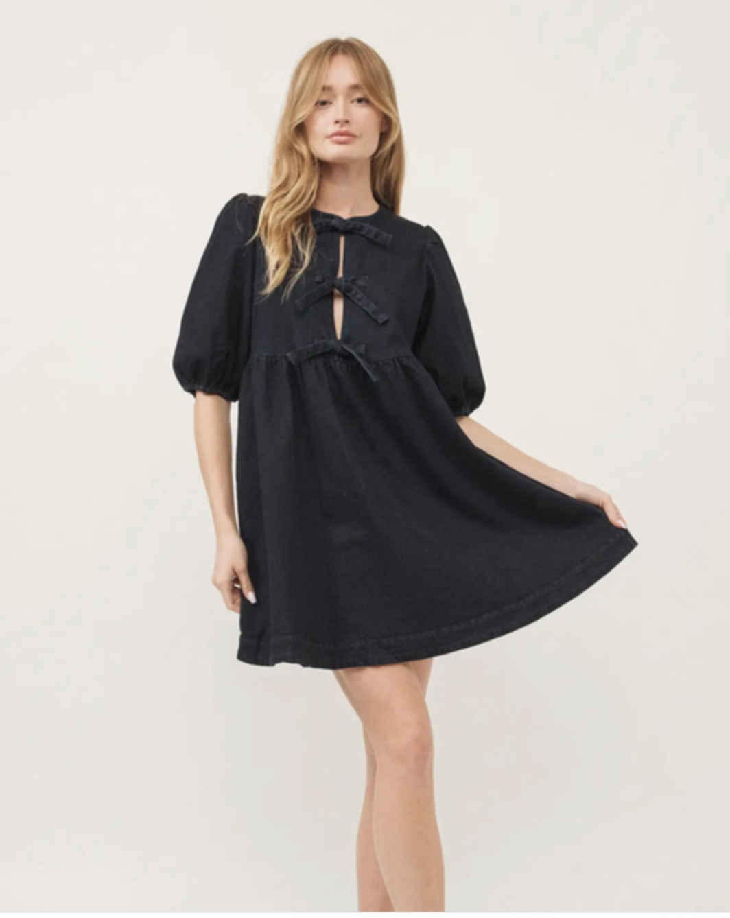 Babydoll Ribbon Tie Denim Mini Dress