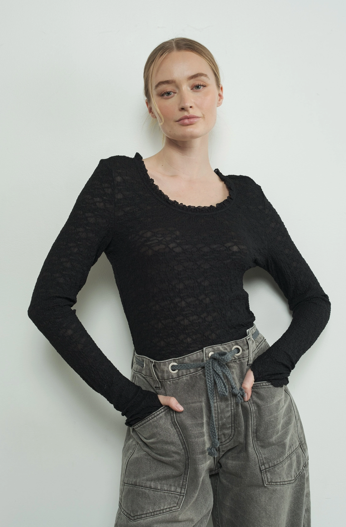 Lace Top with Ruffle Round Neck