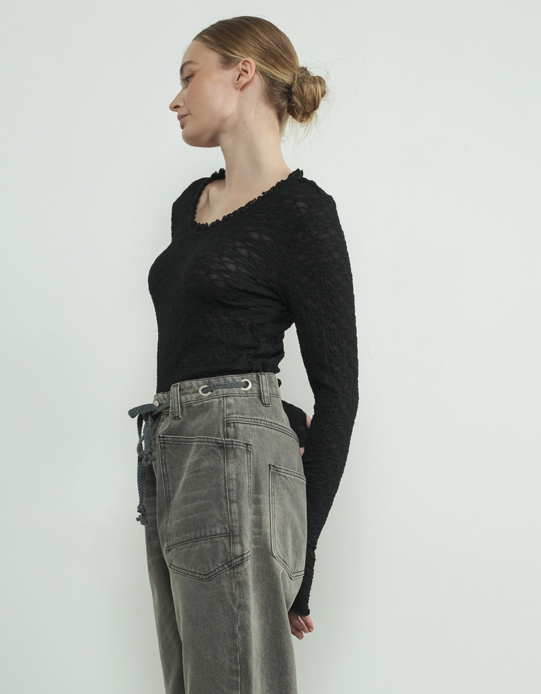 Lace Top with Ruffle Round Neck