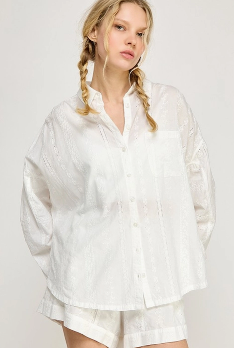 Solid Eyelet Button-Up Shirt