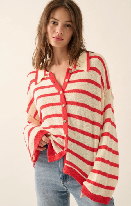 Striped Knit Collared Button-Front Cardigan