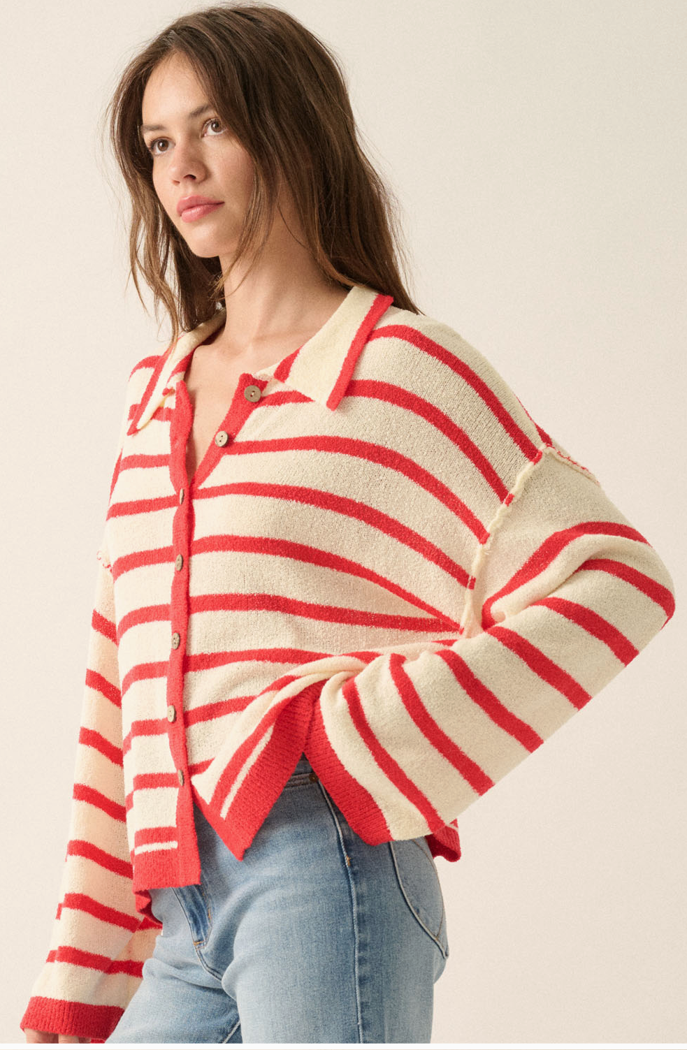 Striped Knit Collared Button-Front Cardigan